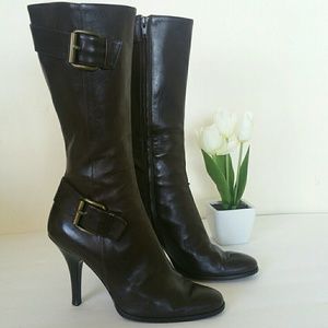 Theory Dark Brown Leather Mid-Calf Heeled Boots with Buckles
